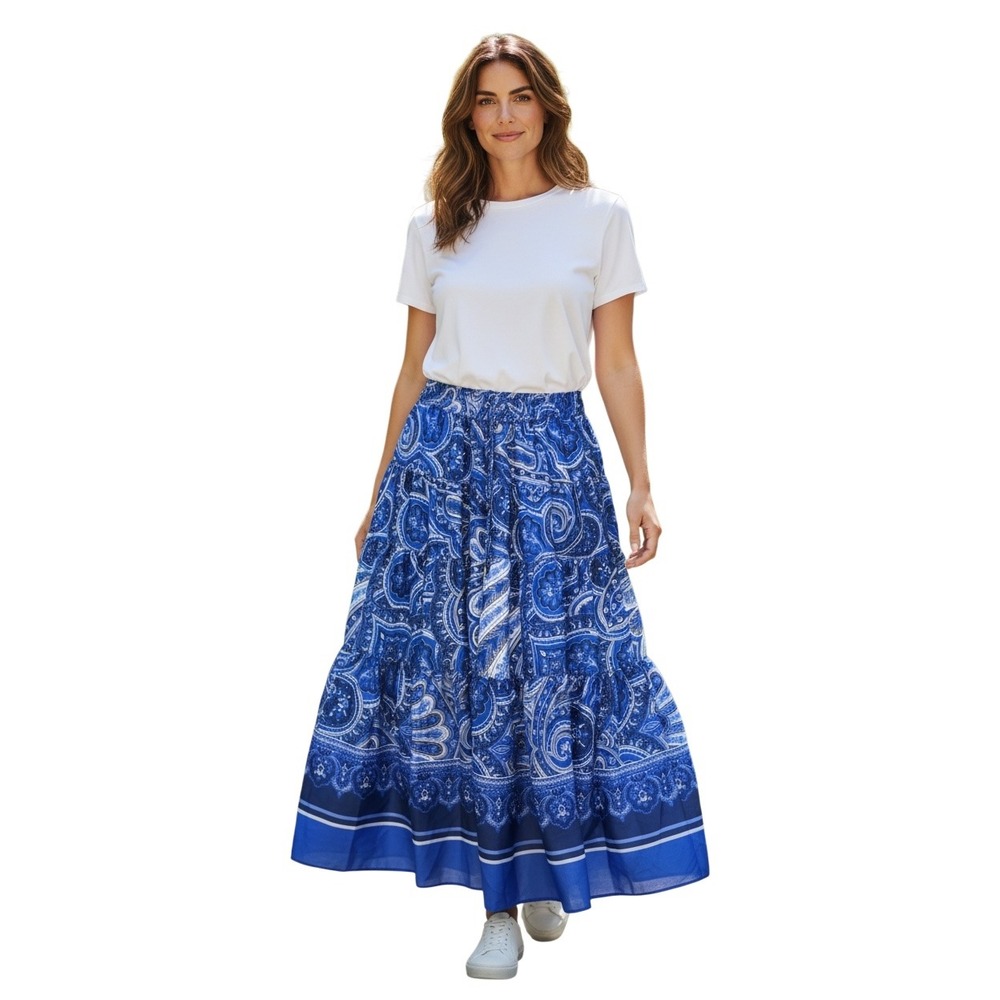 Lauren Ralph Lauren Blue Paisley Tiered Maxi Skirt Large Boho Drawstring Waist